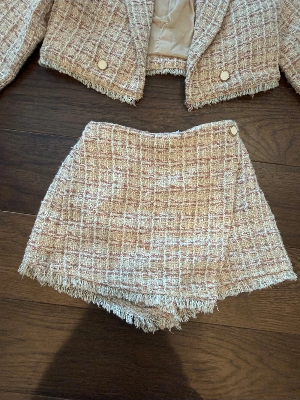 Zara Girls Cropped Tweed Two-Piece Set - Pink/White Size 7 - C36-200